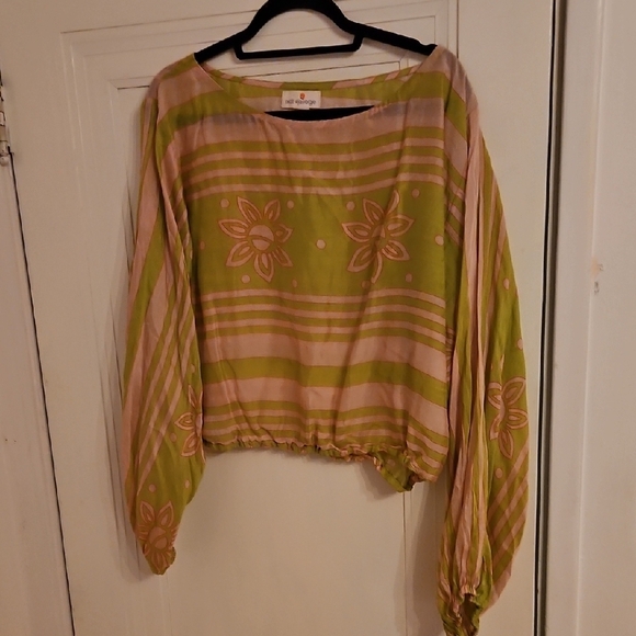Long Sleeve Relaxed Blouse with Ruched Details, Pink/Green, Excelkent Condition! - Picture 1 of 6